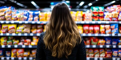 A person with long wavy hair stands in front of a colorful grocery store aisle filled with packaged food products. Concept Grocery Store Aisle, Long Wavy Hair, Vibrant Colors, Packaged Food Products