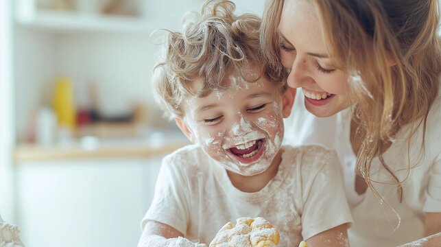 smiling Mother and son child baking cookies together, blurred white kitchen on background - Powered by Adobe