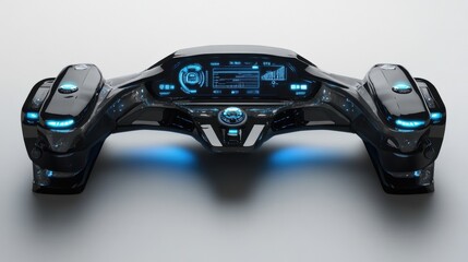 A futuristic car console featuring a large digital dashboard, customizable LED lights, and a clean, ergonomic layout for ultimate comfort.