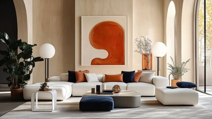 Minimalist living room, arched windows, white walls, orange abstract artwork, round ottoman, low profile sofa, potted plants, natural light, geometric shapes, modern interior design, warm color accent