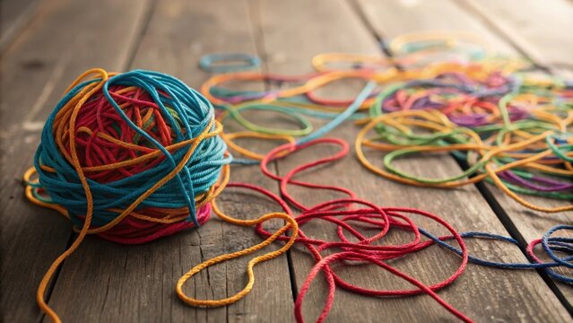 An upclose view of a tangled mass of colorful threads and yarns strewn chaotically across a wooden table. The vibrant hues symbolize the myriad thoughts and emotions while