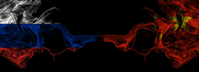 Flags of Russia and China on Black background, Russia vs China Smoke Flags 