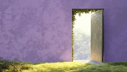 
An open door with grass and trees outside leads to the landscape of nature, creating an illusion of walking on greenery in front of it, set against a light purple wall background.