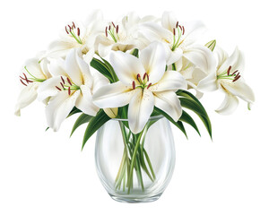 Fototapeta premium Elegant white lilies in a clear glass vase, bright and fresh appearance.