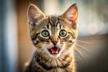 Minimalist Portrait of a Cute Meowing Tabby Kitten