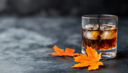 A glass of iced cocktail on a table with maple leaves