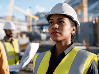 Construction worker supervising project on site urban setting
