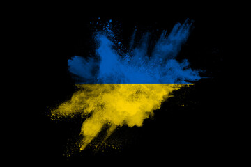 Colorful ukrainan flag yellow blue color holi paint powder explosion isolated on black background. Russia ukraine conflict war freedom concept. Ukraine Independence Day 24th August.