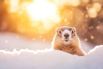 Obraz premium Groundhog emerging from snow at sunset in winter, copy space