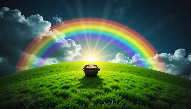 Pot of gold on green hill under rainbow and sunrise, St. Patrick's Day theme