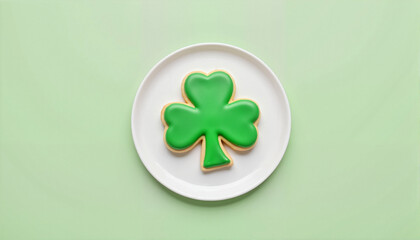 Green shamrock cookie on white plate, St. Patrick's Day theme