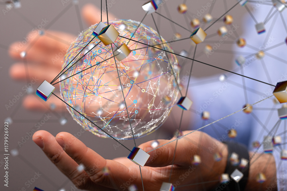 Fototapete Global network. Blockchain. 3D illustration. Neural networks and artificial intelligence. Abstract