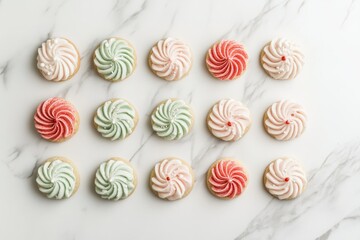Twelve swirl-topped cookies in pink, green, and red on marble.