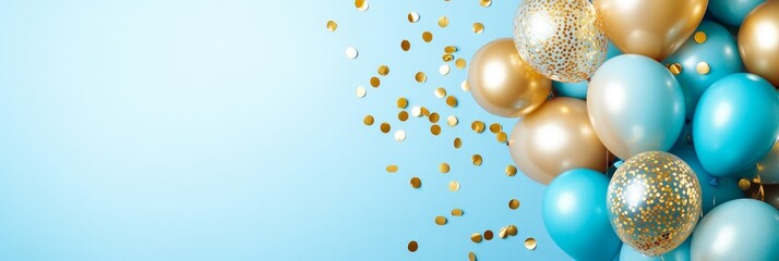 Elegant Blue and Gold Balloons - Festive celebration, joy, elegance, luxury, and party. Blue and gold balloons with confetti.