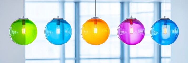 Colorful Glass Pendant Lights - Modern home decor, vibrant colors, illuminated spheres, bright interior design, stylish lighting.