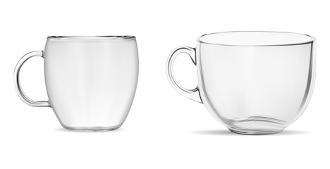 Transparent glass tea coffee cup mockup, isolated template. Restaurant glassware blank realistic illustration. Teacup with handle, disposable beverage container mock up