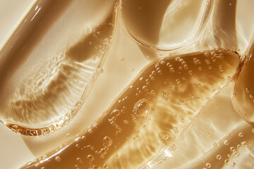 Transparent skincare serum swatches close up macro detail on mocha solid color flat lay background, trendy cosmetics visual design.
