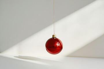 A single, red Christmas ornament hangs from a gold string against a white background, illuminated by sunlight.