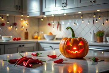 Minimalist Spicy Halloween Kitchen Decor: White Modern Kitchen with Pumpkins & Chili Peppers