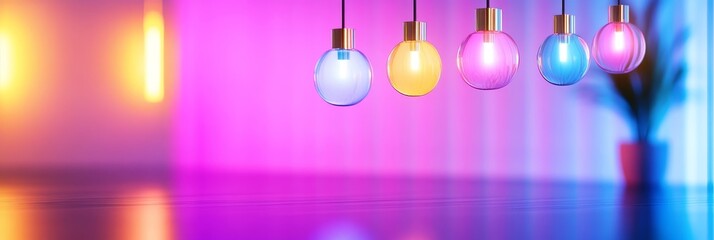Colorful Translucent Hanging Lights Brighten Minimalist Interior - Illuminated minimalist space, vibrant translucent pendant lights casting soft glow, reflecting on sleek surface. Symbolizes: serenity