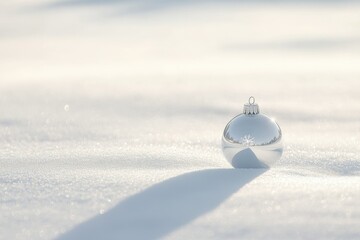 A single silver Christmas ornament rests in pristine snow, reflecting winter's beauty.
