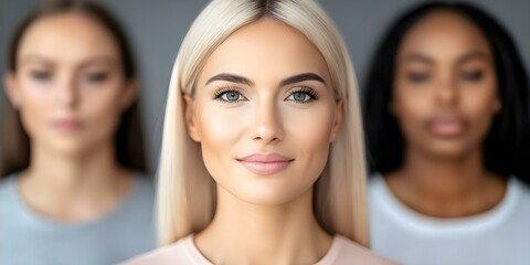 Obraz premium Three women are smiling, with the focus on the woman in the front, showcasing diverse hair colors and styles. Concept Diverse Hairstyles, Group Smiles, Portrait Focus, Sisterhood Celebration