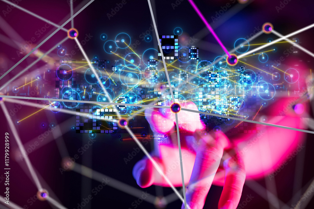Poster Neural network 3D illustration. Big data and cybersecurity - 3d
