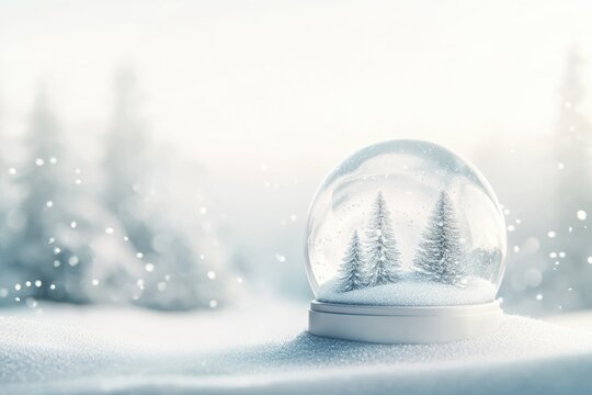 A snow globe with miniature snow-covered pine trees sits on a snowy surface, evoking a serene winter scene.