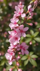 Obraz premium Delicate pink blossoms, soft focus, vibrant petals, lush background, flowers, vibrant
