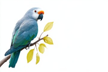 Obraz premium Blue Parrot on Branch - A vibrant blue parrot perches on a branch with yellow leaves, symbolizing nature, freedom, beauty, serenity, and exoticism.