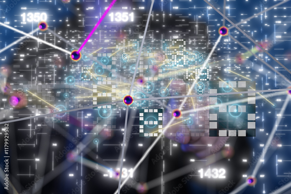 Poster Neural network 3D illustration. Big data and cybersecurity - 3d