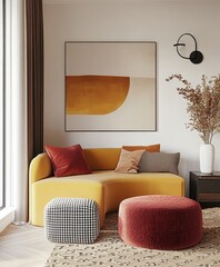 Modern interior design, minimalist living room, yellow curved sofa, burgundy cushion, round ottoman, abstract wall art, terracotta and cream tones, textured white wall, circular lamp, dried pampas gra