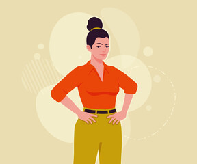 Modern businesswoman confident pose. Business lady, high waisted pants, office trousers with belt, attractive blouse female model. Vector flat style cartoon illustration on creative background color