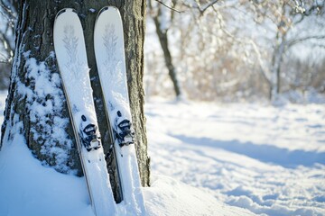 Pair of skis leaning against a snow-covered tree in a winter wonderland.