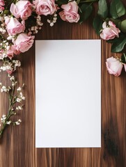 Blank paper card on wooden table with roses. Concept of Valentine's Day, Romantic gift, Invitation, Wedding