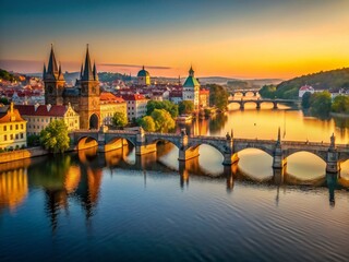 Obraz premium Minimalist Sunrise over Prague's Charles Bridge