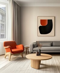 Modern minimalist living room, abstract geometric artwork, orange accent chair, gray sofa, wooden coffee table, neutral tones, clean lines, sleek design, uncluttered space, contemporary interior, brig