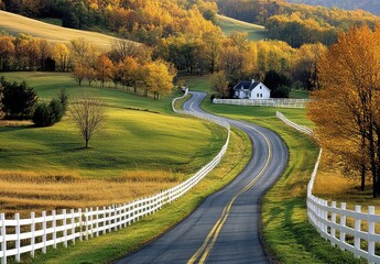 Fototapeta premium Charming Virginia Farmscape, idyllic white fence, rolling hills, autumn foliage, peaceful countryside, rural life, charming farmhouse, vibrant greenery