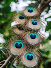 Naklejka premium Close-up view of vibrant peacock feathers with iridescent eyespots, hanging from a branch in a lush green garden.