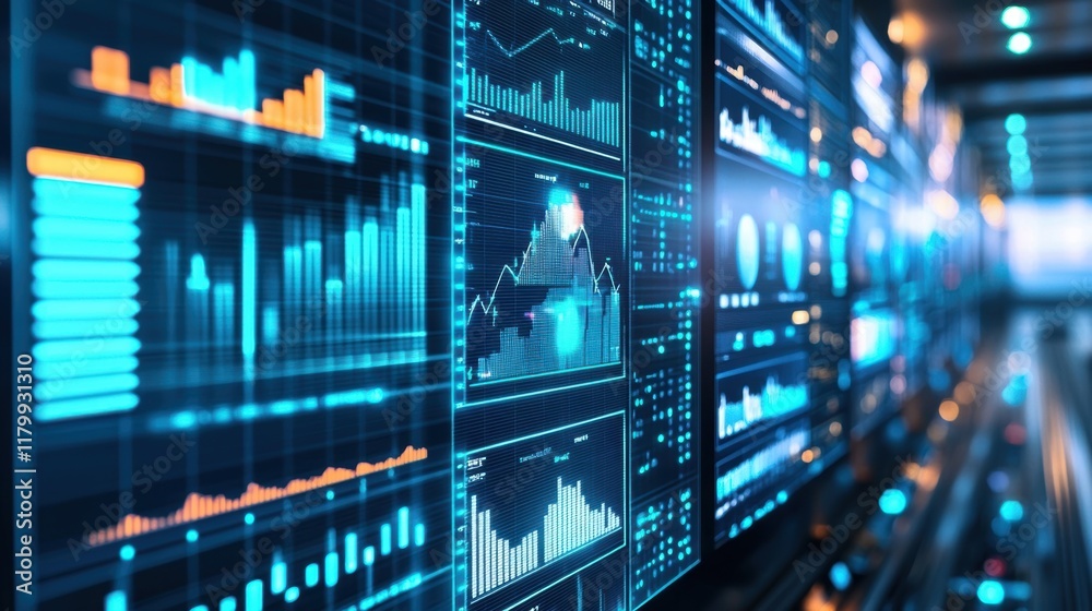 Poster displaying multiple digital screens with graphs and data visualizations for real time monitoring and