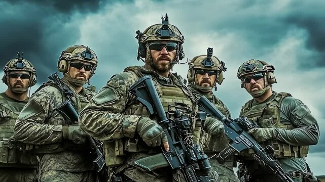 Five Caucasian, adult men in military gear poised confidently with advanced weaponry, portraying readiness and teamwork under a dramatic, stormy sky.