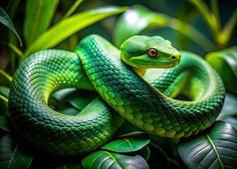 Minimalist Tropical Rainforest Snake Stock Photo: Emerald Green Serpent in Lush Foliage