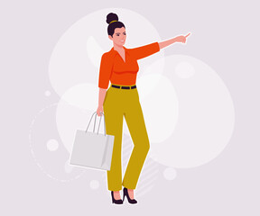 Modern businesswoman finger point pose. Business lady, high waisted pants, office trousers with belt, attractive blouse female model. Vector flat style cartoon illustration, creative background color