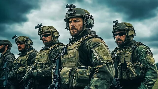 A group of five Caucasian adult men, dressed in tactical military gear, stand ready against a cloudy backdrop, exuding readiness and teamwork in a hostile environment.