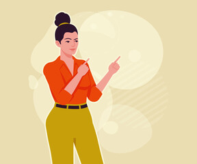 Modern businesswoman finger point talk pose. Business lady, high waisted pants, office trousers with belt, blouse female model. Vector flat style cartoon illustration, creative background color