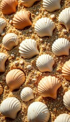 Intricate patterns of seashells against a golden sandy backdrop, sand, patterns