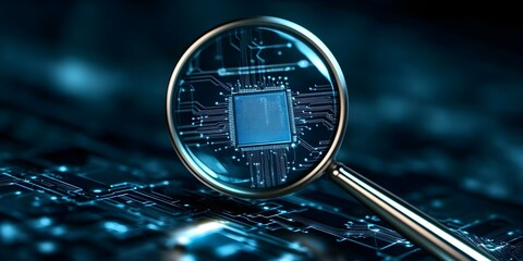A magnifying glass focused on a computer chip, highlighting intricate circuits and technology details against a dark background. Concept Magnifying Glass, Computer Chip, Intricate Circuits