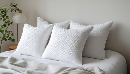 Obraz premium White quilted pillow on a beige bed, perfect for bedroom decor.