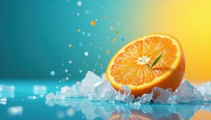 Mid-air orange juice, halved orange, ice, blue backdrop , vitamin c, ice