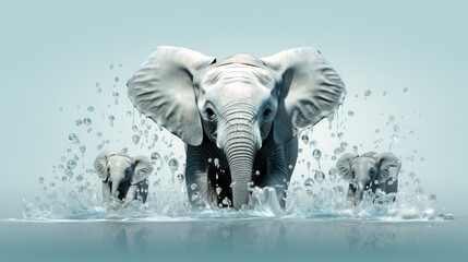 A majestic adult elephant leads two playful calves through splashing water, creating a serene yet lively scene.